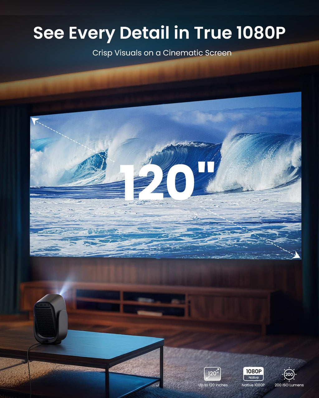 1080P Smart Mini Projector with WiFi, Bluetooth & Dolby Audio